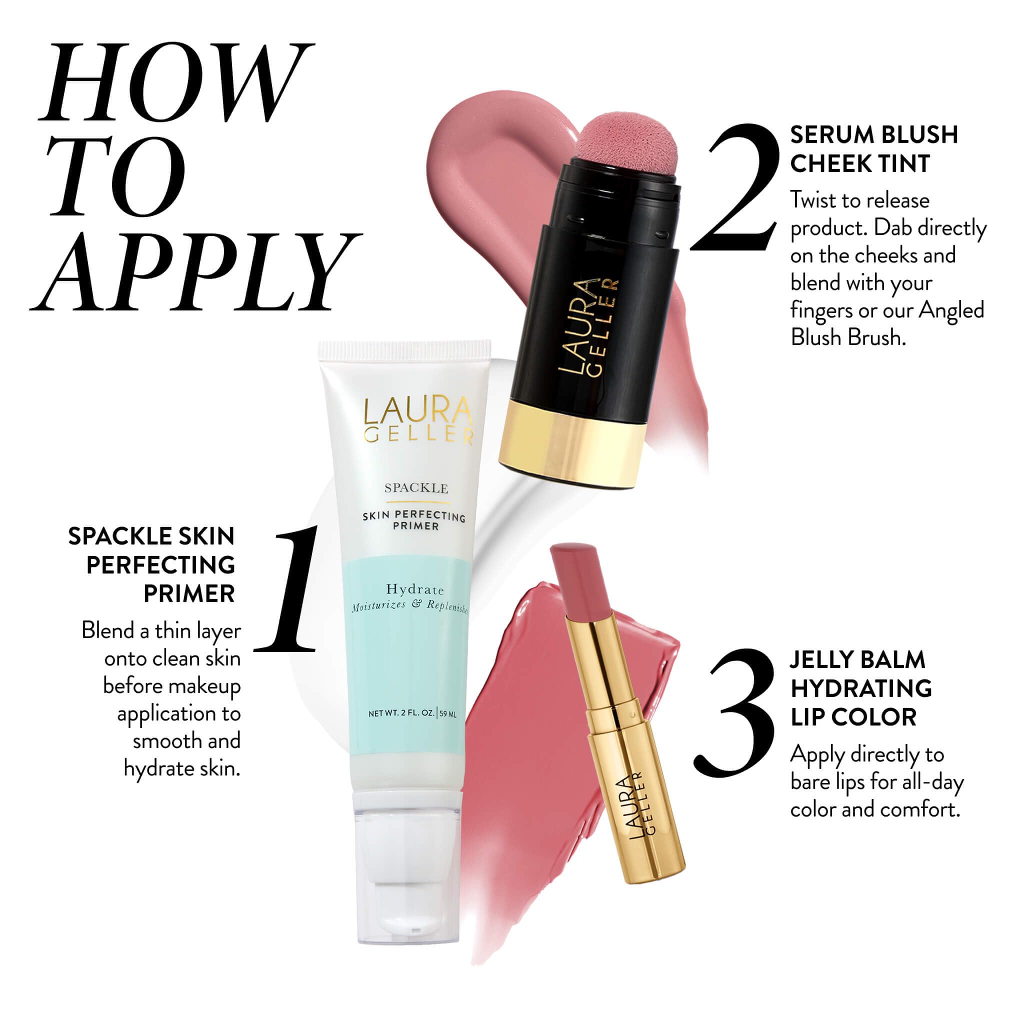 LAURA GELLER NEW YORK Hydration Heroes Kit: Spackle Primer, Hydrate + Jelly Balm Tinted Lip Balm, In the Buff + Serum Blush Cheek Tint (Just Peachy Lip Balm + Poppy Peach Blush) - Image 6